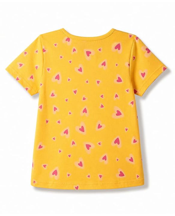 Pine Kids Cotton Knit Half Sleeves Co-Ords Top & Pyjama Night Suit with Heart Print - Yellow