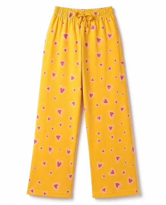 Pine Kids Cotton Knit Half Sleeves Co-Ords Top & Pyjama Night Suit with Heart Print - Yellow