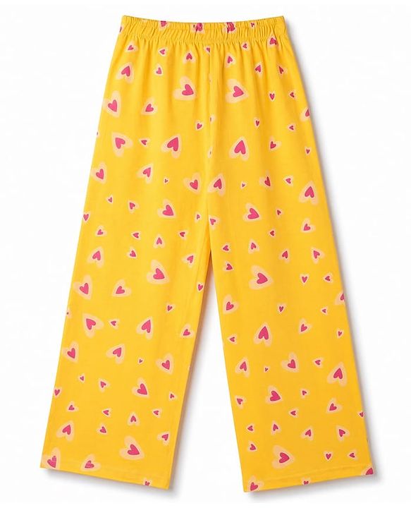 Pine Kids Cotton Knit Half Sleeves Co-Ords Top & Pyjama Night Suit with Heart Print - Yellow