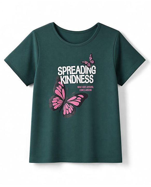 Pine Kids Cotton Knit Half Sleeves Top & Pyjama Night Suit with Text & Butterfly Print - Dark Green