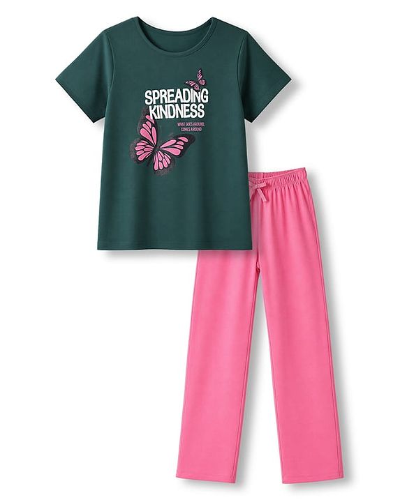 Pine Kids Cotton Knit Half Sleeves Top & Pyjama Night Suit with Text & Butterfly Print - Dark Green