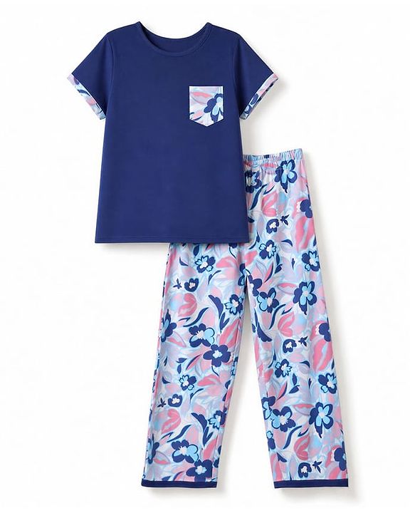 Pine Kids Cotton Knit Half Sleeves Top & Pyjama Night Suit with Floral Print -Navy Blue