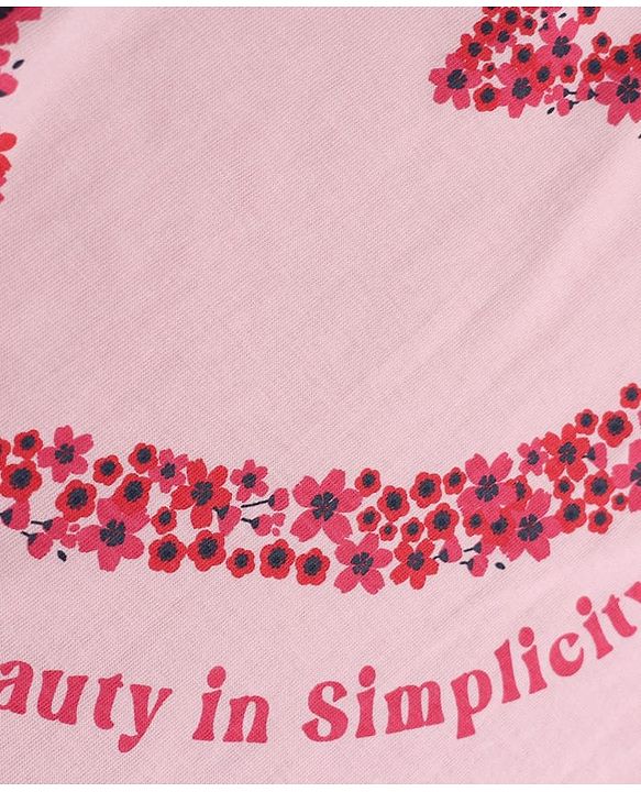 Pine Kids Cotton Knit Half Sleeves Top & Pyjama Night Suit with Heart, Text & Floral Print - Pink