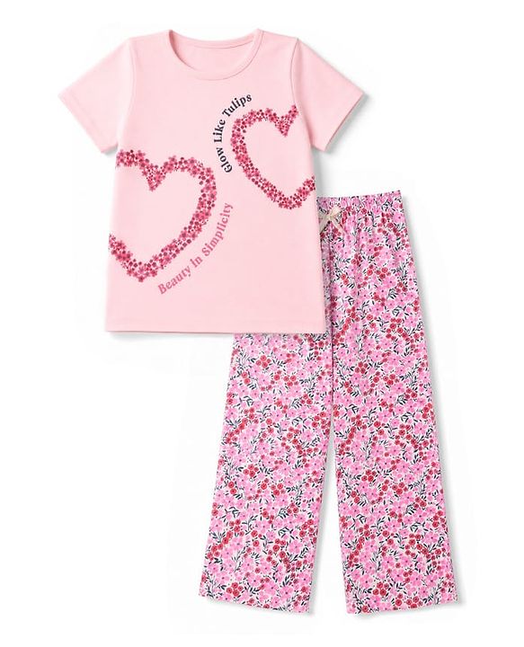 Pine Kids Cotton Knit Half Sleeves Top & Pyjama Night Suit with Heart, Text & Floral Print - Pink