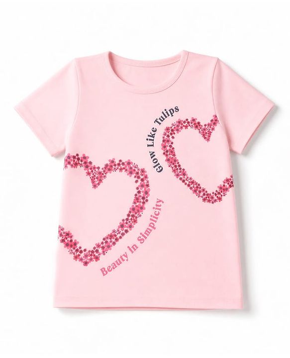 Pine Kids Cotton Knit Half Sleeves Top & Pyjama Night Suit with Heart, Text & Floral Print - Pink