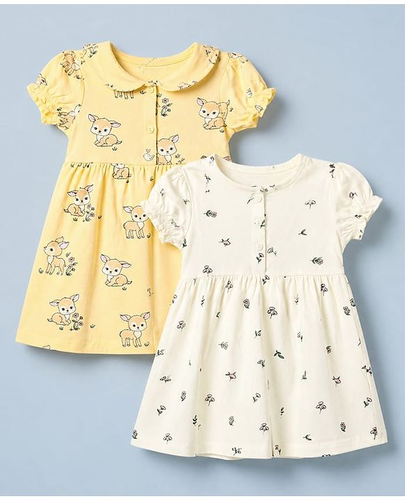 Babyhug Single Jersey Knit Half Sleeves Frock With Deer Print Pack of 2 in Yellow White