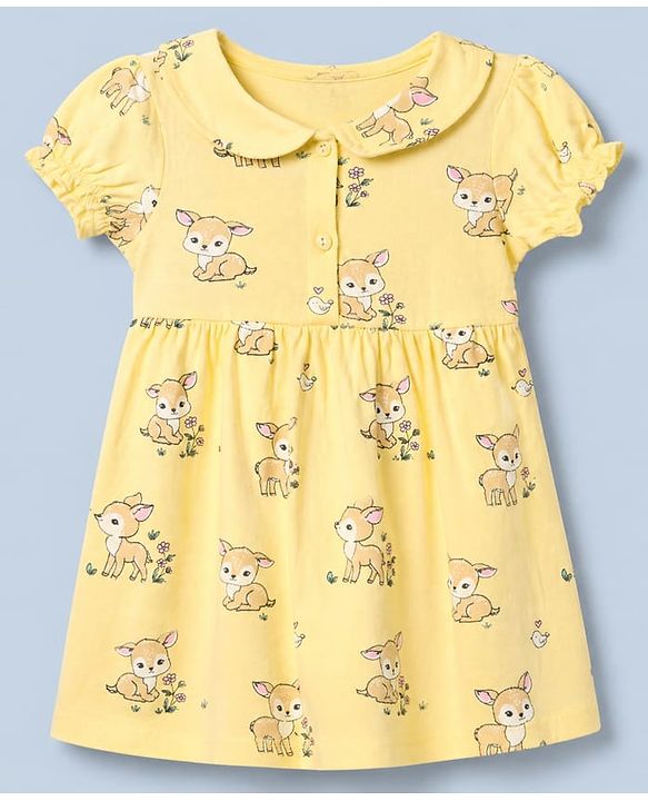 Babyhug Single Jersey Knit Half Sleeves Frock With Deer Print Pack of 2 in Yellow White