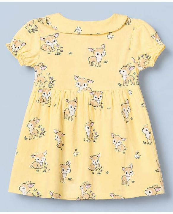 Babyhug Single Jersey Knit Half Sleeves Frock With Deer Print Pack of 2 in Yellow White