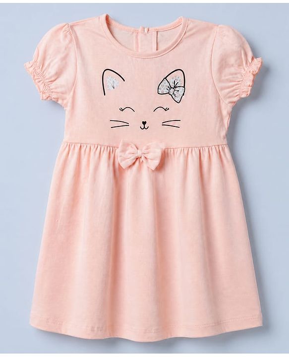 Babyhug Single Jersey Knit Puffed Sleeves Frocks with Cat & Hearts Print in White & Pink Pack of 2