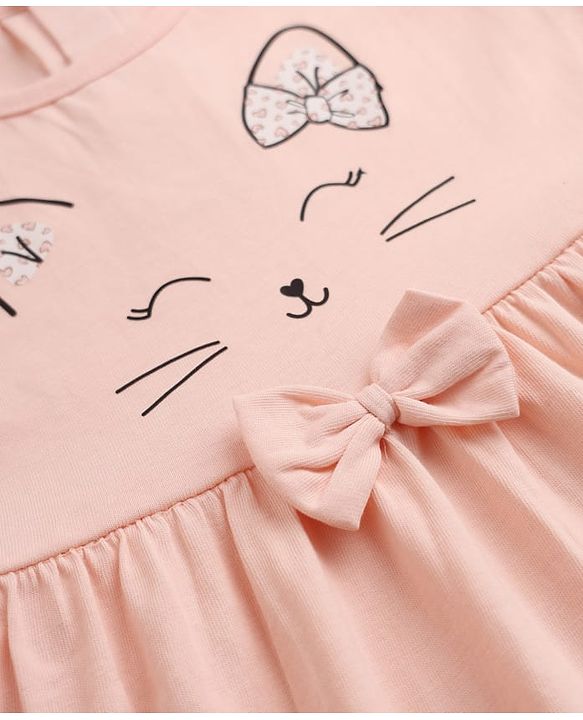 Babyhug Single Jersey Knit Puffed Sleeves Frocks with Cat & Hearts Print in White & Pink Pack of 2