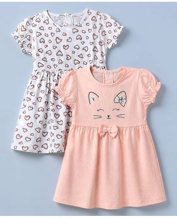 Babyhug Single Jersey Knit Puffed Sleeves Frocks with Cat & Hearts Print in White & Pink Pack of 2
