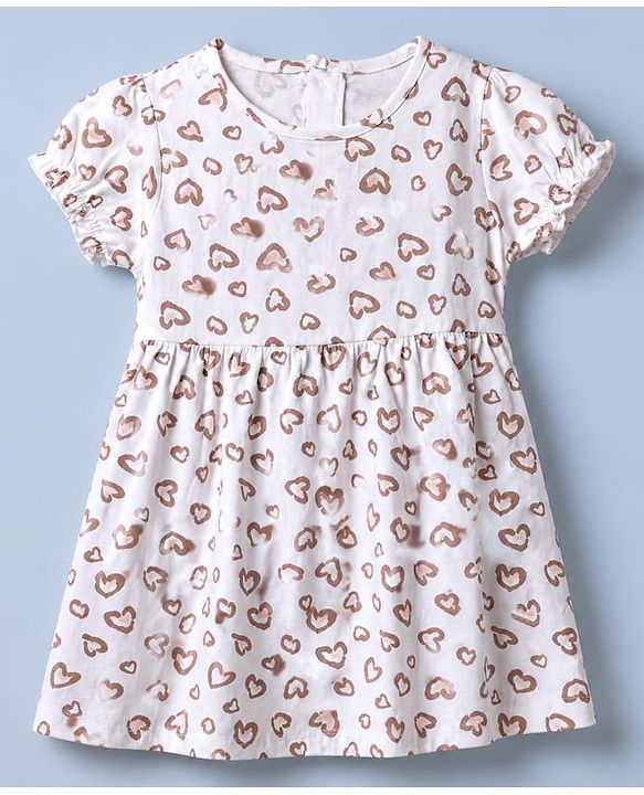 Babyhug Single Jersey Knit Puffed Sleeves Frocks with Cat & Hearts Print in White & Pink Pack of 2