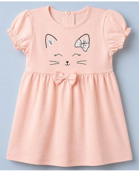 Babyhug Single Jersey Knit Frock with Half Sleeves and Hearts Print in Peach White Pack of 2