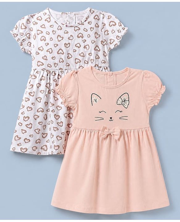 Babyhug Single Jersey Knit Frock with Half Sleeves and Hearts Print in Peach White Pack of 2