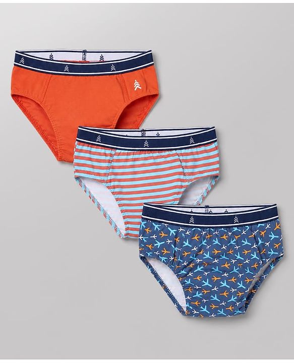 Pine Kids Cotton Elastane Knit Stripped Briefs with Airplane Print Pack of 3 - Blue Orange & Light Blue