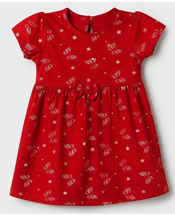 Babyhug Single Jersey Knit Half Sleeves One Piece Dress With Butterfly Print & Bow Applique - Red