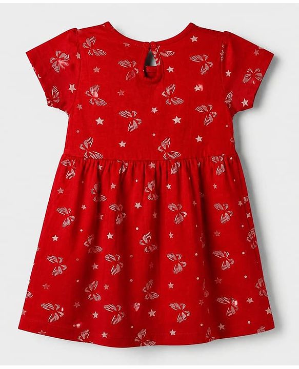 Babyhug Single Jersey Knit Half Sleeves One Piece Dress With Butterfly Print & Bow Applique - Red