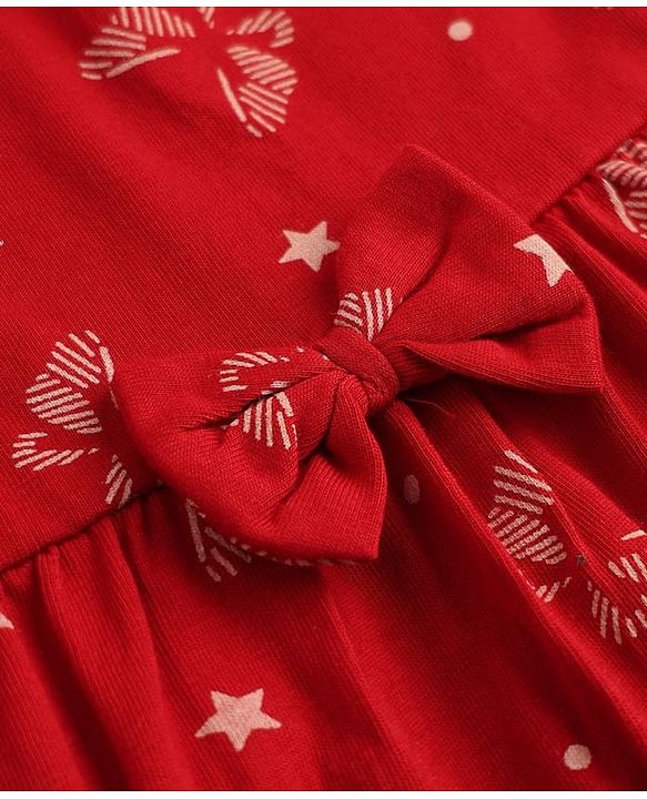 Babyhug Single Jersey Knit Half Sleeves One Piece Dress With Butterfly Print & Bow Applique - Red