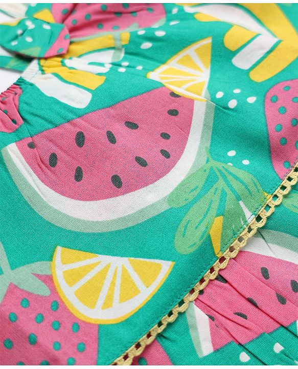 Babyhug 100% Cotton Woven Top with Sleeveless and Fruit Print in Green