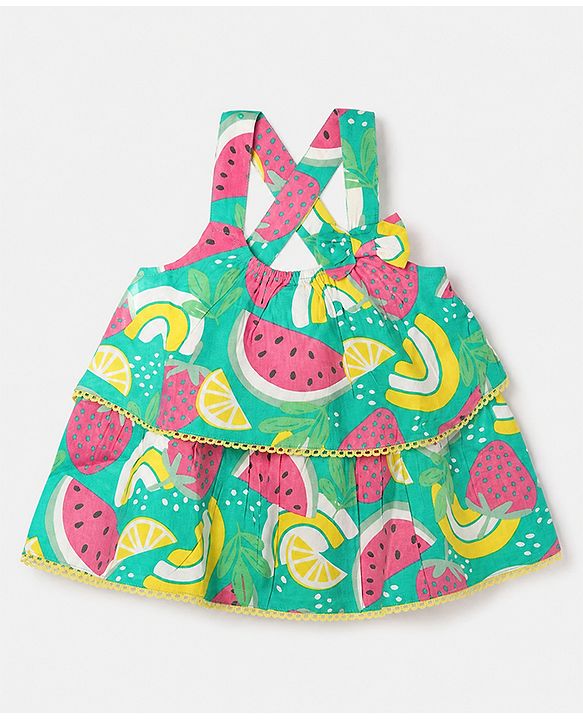 Babyhug 100% Cotton Woven Top with Sleeveless and Fruit Print in Green