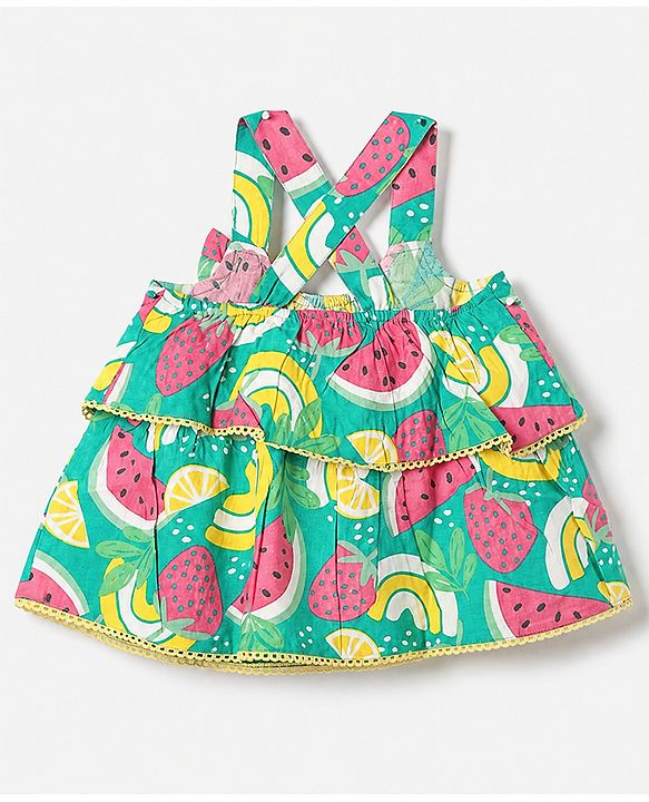Babyhug 100% Cotton Woven Top with Sleeveless and Fruit Print in Green