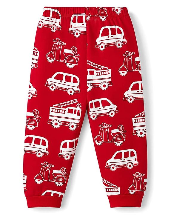 Babyhug 100% Cotton Knit Full Sleeves Co-Ords T-Shirt & Pyjama Night Suit with Vehicle Print - Red