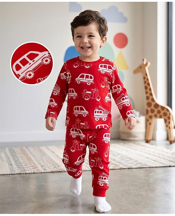Babyhug 100% Cotton Knit Full Sleeves Co-Ords T-Shirt & Pyjama Night Suit with Vehicle Print - Red