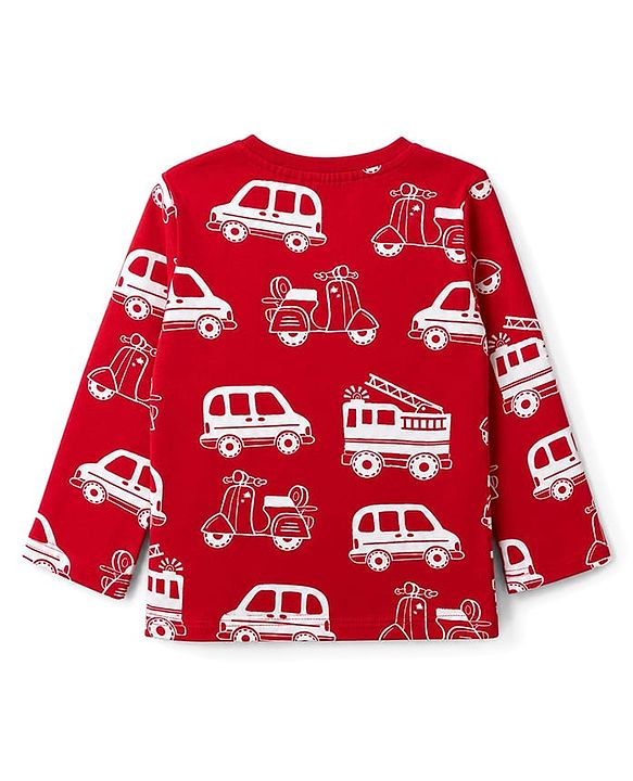 Babyhug 100% Cotton Knit Full Sleeves Co-Ords T-Shirt & Pyjama Night Suit with Vehicle Print - Red