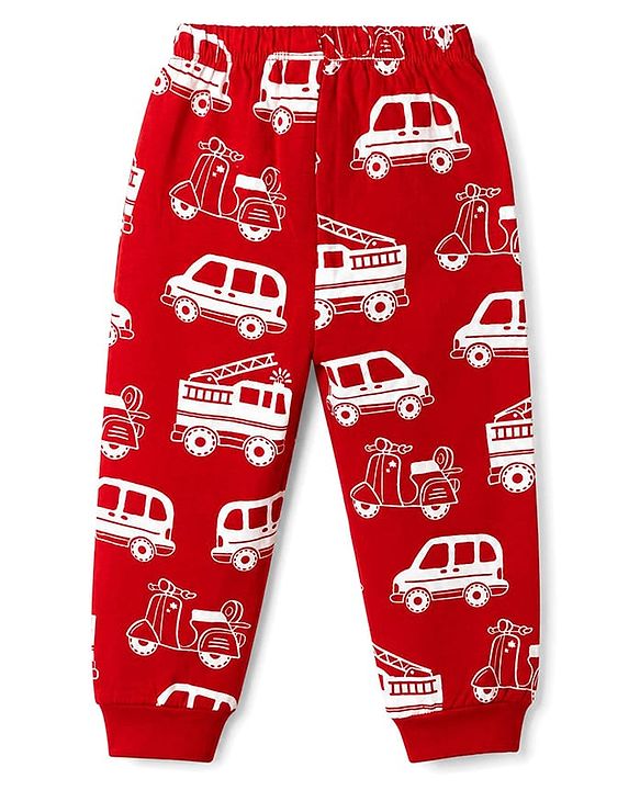 Babyhug 100% Cotton Knit Full Sleeves Co-Ords T-Shirt & Pyjama Night Suit with Vehicle Print - Red