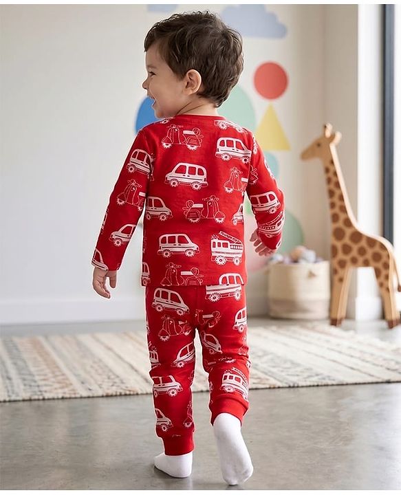 Babyhug 100% Cotton Knit Full Sleeves Co-Ords T-Shirt & Pyjama Night Suit with Vehicle Print - Red