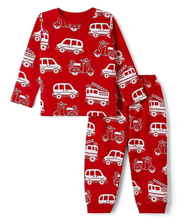 Babyhug 100% Cotton Knit Full Sleeves Co-Ords T-Shirt & Pyjama Night Suit with Vehicle Print - Red