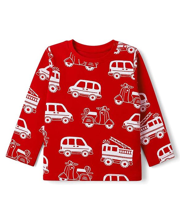 Babyhug 100% Cotton Knit Full Sleeves Co-Ords T-Shirt & Pyjama Night Suit with Vehicle Print - Red