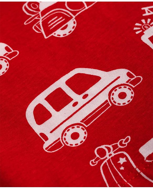 Babyhug 100% Cotton Knit Full Sleeves Co-Ords T-Shirt & Pyjama Night Suit with Vehicle Print - Red