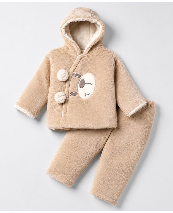 Babyhug Woven Full Sleeves Hooded Winter Wear Suit with Bear Ear Applique in Brown