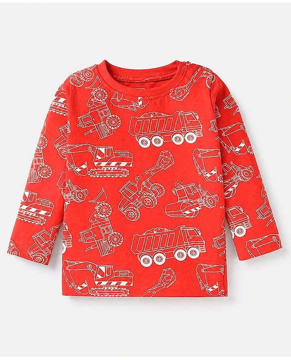 Babyhug Cotton Knit Full Sleeves Co-ord T-Shirt & Pajama Night Suit with Construction Vehicles Print - Red