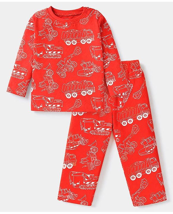 Babyhug Cotton Knit Full Sleeves Co-ord T-Shirt & Pajama Night Suit with Construction Vehicles Print - Red