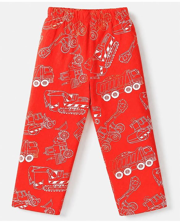 Babyhug Cotton Knit Full Sleeves Co-ord T-Shirt & Pajama Night Suit with Construction Vehicles Print - Red