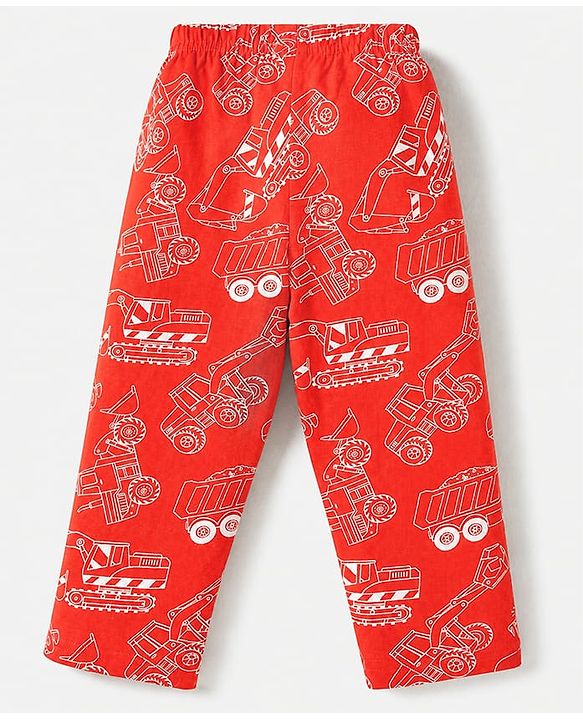 Babyhug Cotton Knit Full Sleeves Co-ord T-Shirt & Pajama Night Suit with Construction Vehicles Print - Red