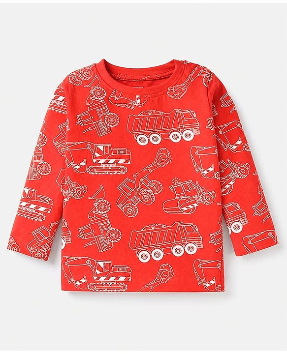 Babyhug Cotton Knit Full Sleeves Co-ord T-Shirt & Pajama Night Suit with Construction Vehicles Print - Red