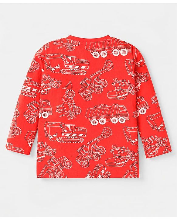 Babyhug Cotton Knit Full Sleeves Co-ord T-Shirt & Pajama Night Suit with Construction Vehicles Print - Red