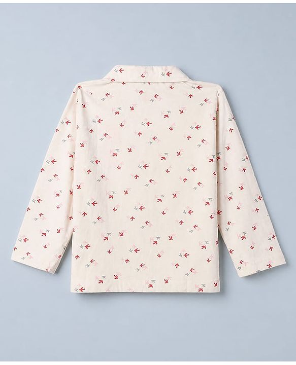 Babyhug 100% Cotton Knit Full Sleeves Co-Ords Shirt & Pyjama Night Suit with Bird Print - Offwhite