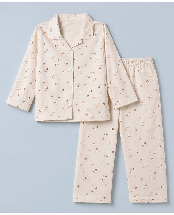 Babyhug 100% Cotton Knit Full Sleeves Co-Ords Shirt & Pyjama Night Suit with Bird Print - Offwhite