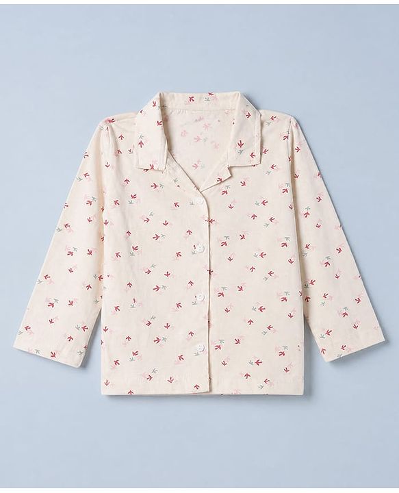Babyhug 100% Cotton Knit Full Sleeves Co-Ords Shirt & Pyjama Night Suit with Bird Print - Offwhite