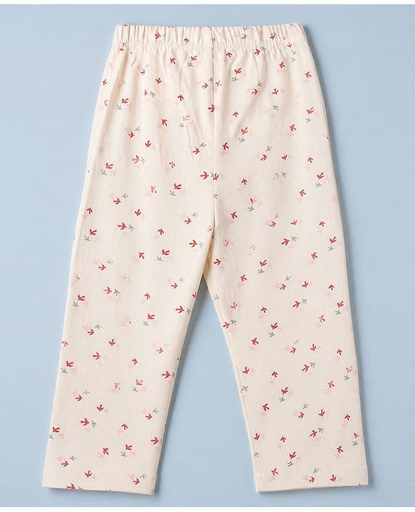 Babyhug 100% Cotton Knit Full Sleeves Co-Ords Shirt & Pyjama Night Suit with Bird Print - Offwhite