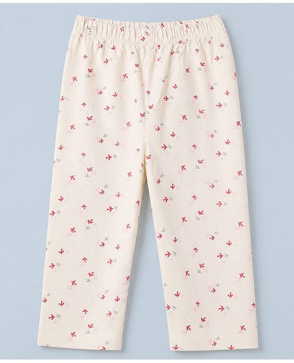 Babyhug 100% Cotton Knit Full Sleeves Co-Ords Shirt & Pyjama Night Suit with Bird Print - Offwhite