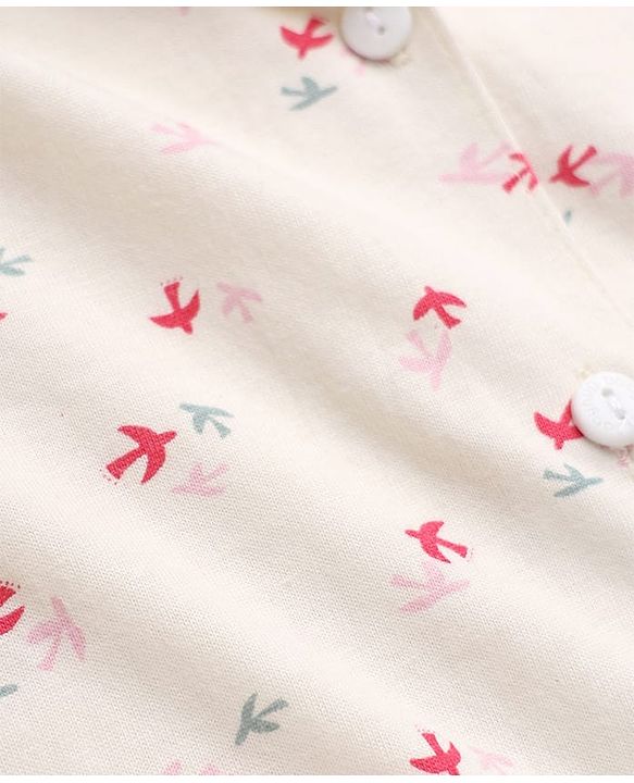 Babyhug 100% Cotton Knit Full Sleeves Co-Ords Shirt & Pyjama Night Suit with Bird Print - Offwhite