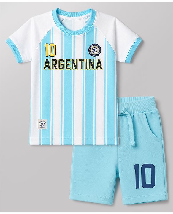 Babyhug 100% Cotton Knit Half Raglan Sleeves Argentina Printed T-Shirt & Shorts Set - Light Blue