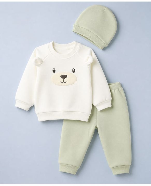 Babyhug Velour Knit Full Sleeves Winter Wear Suit Bear Print & Applique & Cap - Cream