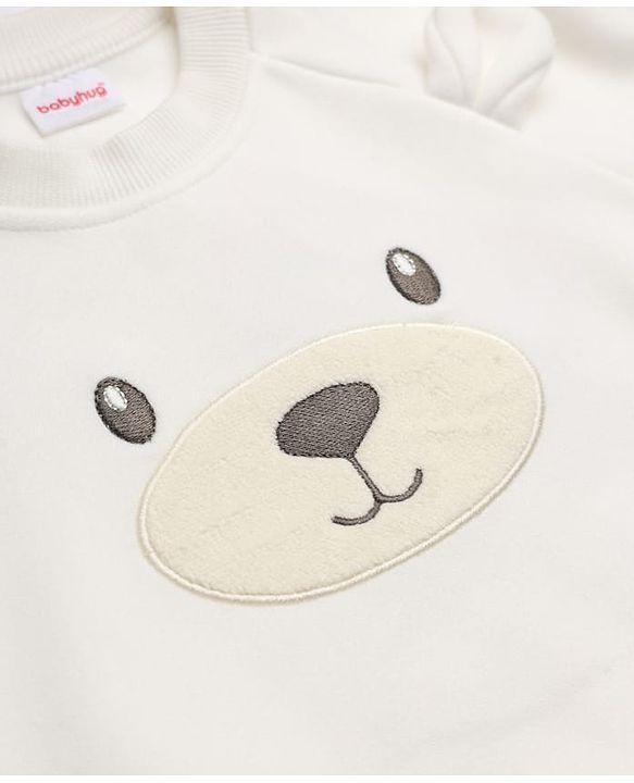 Babyhug Velour Knit Full Sleeves Winter Wear Suit Bear Print & Applique & Cap - Cream