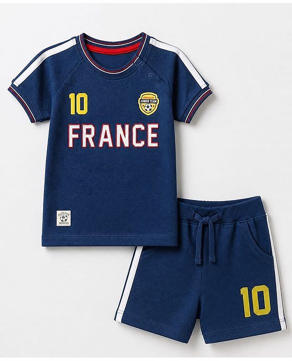 Babyhug 100% Cotton Single Jersey Knit Half Sleeves France Jersey Printed T-Shirt & Shorts Set - Navy